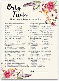 Displaying 39 questions associated with baby. Amazon Com Bohemian Baby Shower Game Boho Baby Trivia Game Pack Of 25 Fun Baby Facts Game Girl Baby Shower Game Bohemian Pink Floral Baby Shower Activity Trivia Girl Baby