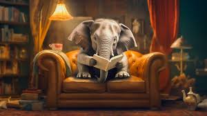 elephant reading book on sofa learning