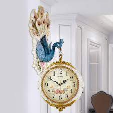 Double Sided Wall Clock Carved Peacock