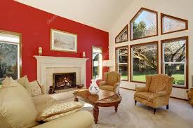 modern living room with bright red wall
