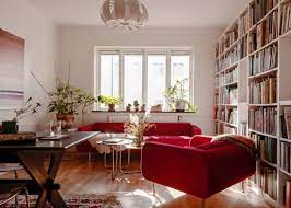red sofa in a scandinavian apartment