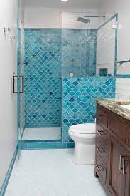 scallop shaped tile blue bathroom