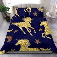 navy blue and gold star unicorn bedding