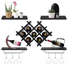 Gymax Set Of 5 Wall Mount Wine Rack Set Storage Shelves And Glass Holder Black