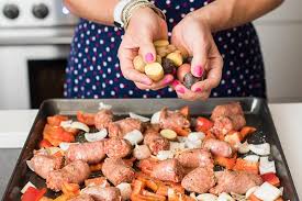 Preheat oven to 400f slice onions and peppers into long strips, and arrange on a small sheet pan, and toss with 2 tbsp olive oil, salt, and pepper. Sheet Pan Sausage Peppers And Potatoes The Lemon Bowl