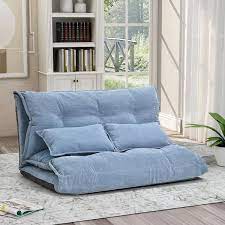 Blue Polyester Upholstered Adjustable Folding Futon Sofa Chaise Lounge With 2 Pillows