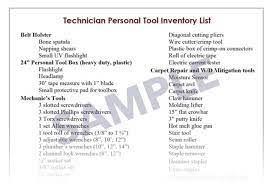 technician personal tool inventory list