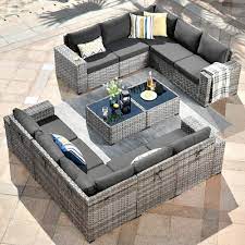 hooowooo crater gray 12 piece wicker outdoor wide plus arm patio conversation sofa seating set with black cushions