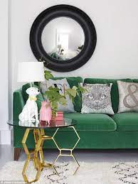 Green Velvet Sofa With Dog Lamp And Cat