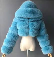 New Winter Large Faux Fox Fur Blue Coat