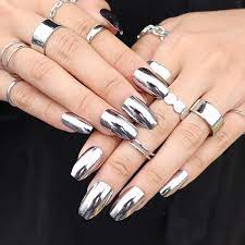 um coffin press on nails glossy silver false nails chrome metallic stick on nails full cover fake nails for women and s