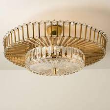 Large Brass And Crystal Flush Mount By
