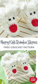 This reindeer applique is a great applique to add to any hat, blanket or pillow. Happy Kids Reindeer Slippers Free Crochet Pattern In Red Heart With Love Yarn Kids Have Got To Be Wearin Easy Crochet Patterns Free Kids Crafting Holiday Yarn