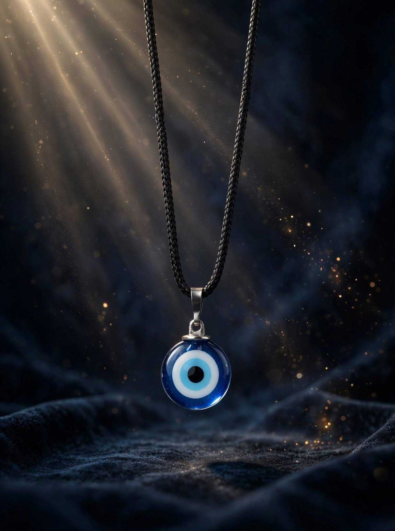 Blue Glass Evil Eye Pendant with Black Braided Cord Chain product image