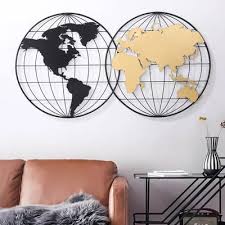 43 5 Modern Geometry World Map Wall Decor With Metal Round Frame In Black Gold