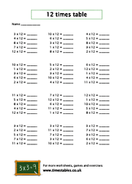 free 12 times table worksheets at