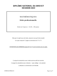Sujet Brevet Maths - Série Professionnelle 2022 | PDF