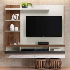 White And Brown Wooden Led Tv Wall Unit