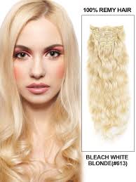 The premium 100% remy hair extensions are available in ash, blonde, light goden, strawberry and other shades. 16 Inch Body Wavy Clip In Remy Hair Extensions 613 Lightest Blonde 11 Pieces