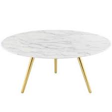 Measures 36 across and 18 high. 36 Lippa Round Artificial Marble Coffee Table With Tripod Base Gold White Modway Target