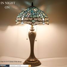 Tiffany Lamp Sea Blue Stained Glass And Crystal Bead Dragonfly Style Table Lamps W12 H22 Inch For Coffee Table Living Room Antique Desk Beside Bedroom