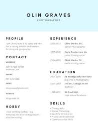 Skyblue Shapes Simple Photography Resume Templates By Canva