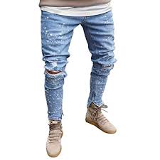 Stupy Men Paint Point Ripped Jeans Pants Stretch Destroyed