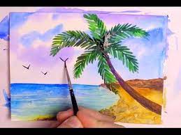 Watercolor Painting Sunset With Palm