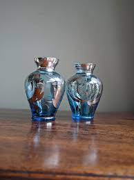 Antique Silvered Venetian Vases Blue