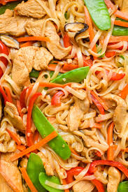 loaded rice noodle stir fry with crispy