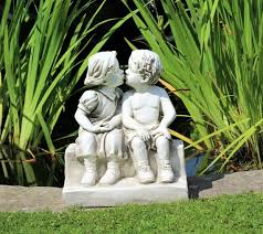 Kissing Children On Bench Stone Garden