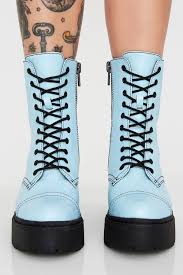 Neon Light Blue Patent Lace Up Platform Chunky Ankle Boots