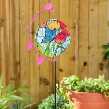 46 In Stained Glass Spinner Garden Stake Erfly And Red Tulips