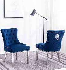 They work best in a contemporary setting, and that's exactly the style i'm going to be sharing with you today. Windsor Blue French Velvet Lion Knocker Dining Chair With Chrome Legs First Furniture First Furniture