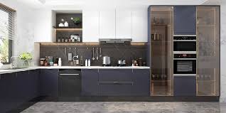 Shades of blue are brimming in this modish, eclectic kitchen. Modern Navy Blue White Lacquer Kitchen Cabinet Plcc20017