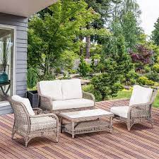 Outsunny 4 Pcs Luxury Patio Wicker Sofa Set Outdoor Round Pe Rattan Aluminum Conversation Furniture Cream White Aosom Canada