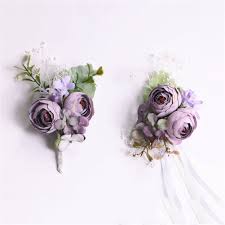 Artificial Silk Flowers Groom Boutonniere Women Bride Wrist Corsage Hand Wedding Flowers Decoration Light Purple Boutonniere