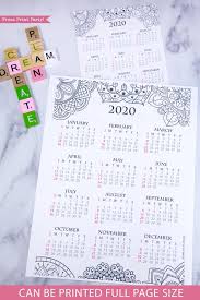 2020 One Page Calendar Printable Mandala