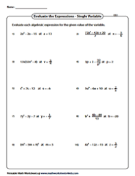 evaluating algebraic expression worksheets