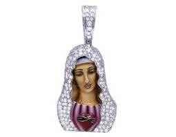 10K White Gold Enamel Mother Mary 4.5CT Diamond Pendant
