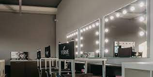 makeup stations with lights and