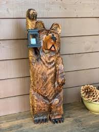 Cedar Carved Bear With Solar Lantern