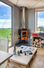 pallet table and wood burning stove in