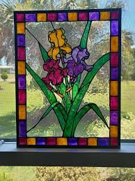 Irises Stained Glass Window Panel Hand