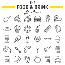 食べ物や飲み物線 Eps 10 白い背景に分離された線形絵文字パッケージ サイン、ロゴ イラスト ベクター  スケッチ食事の記号のコレクションのアイコンを設定します。のイラスト素材・ベクター Image 83625383