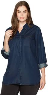 Nydj Womens Plus Size Chambray Denim Shirt Dark Wash 3x
