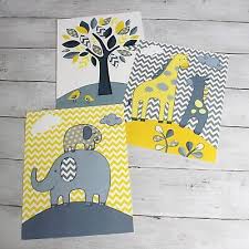 Nursery Wall Art Gray Yellow Elephants