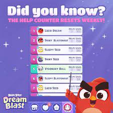 Angry Birds Dream Blast - New about the update: The help counters now reset  each week on Saturday, so you can easily see which teams and players are  active! 💎