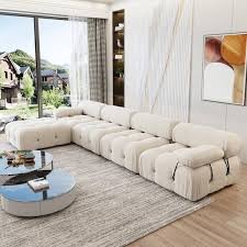 Magic Home 138 6 In Convertible Modular Velevt Square Arm Free Combination L Shaped 5 Seater Sectional Sofa With Ottoman Beige