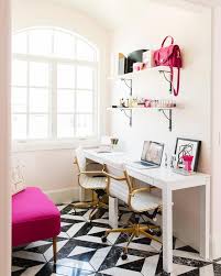 Create a home office with a desk that will suit your work style. White And Hot Pink Office With Side By Side Desks Contemporary Den Library Office